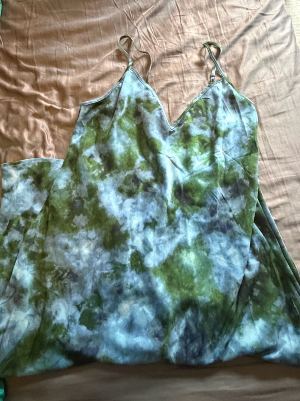 Silky spaghetti strap maxi dress- green and blue dominant tie dye